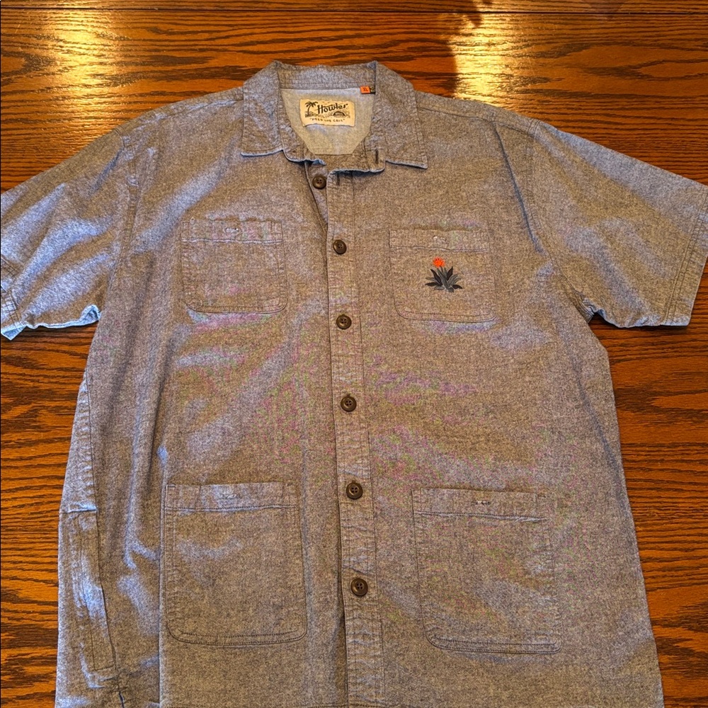 Howler Brothers Shirt Men XL Chambray 4 Pocket Embroidered Denim